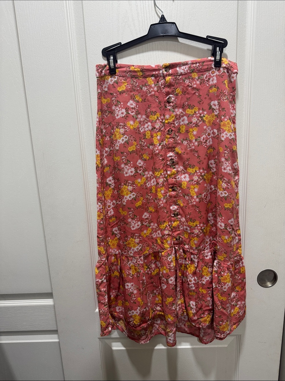 Pink Floral Button Front Midi Skirt Size S Boho Cottagecore